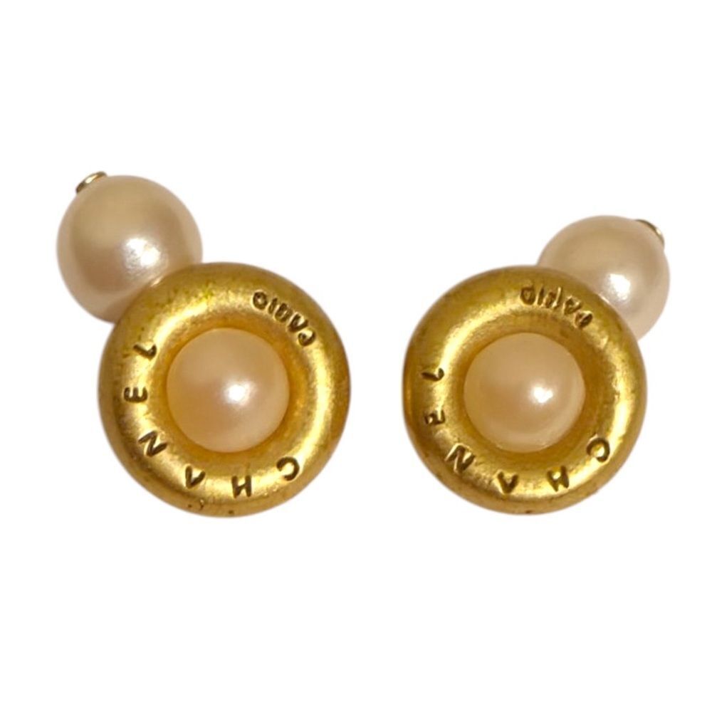 CHANEL Gold Plated and Cream Faux Pearl Vintage Cufflinks Authentic